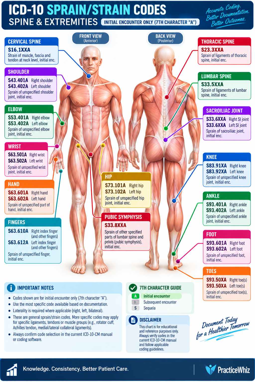 ICD-10 sprain and strain codes for spine and extremities shown on front and back body views, initial encounter only.