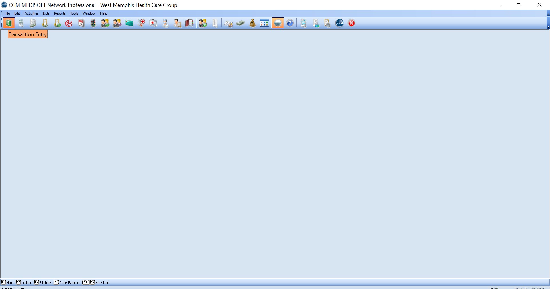 Transaction Entry — the toolbar icon (highlighted) opens the charges screen