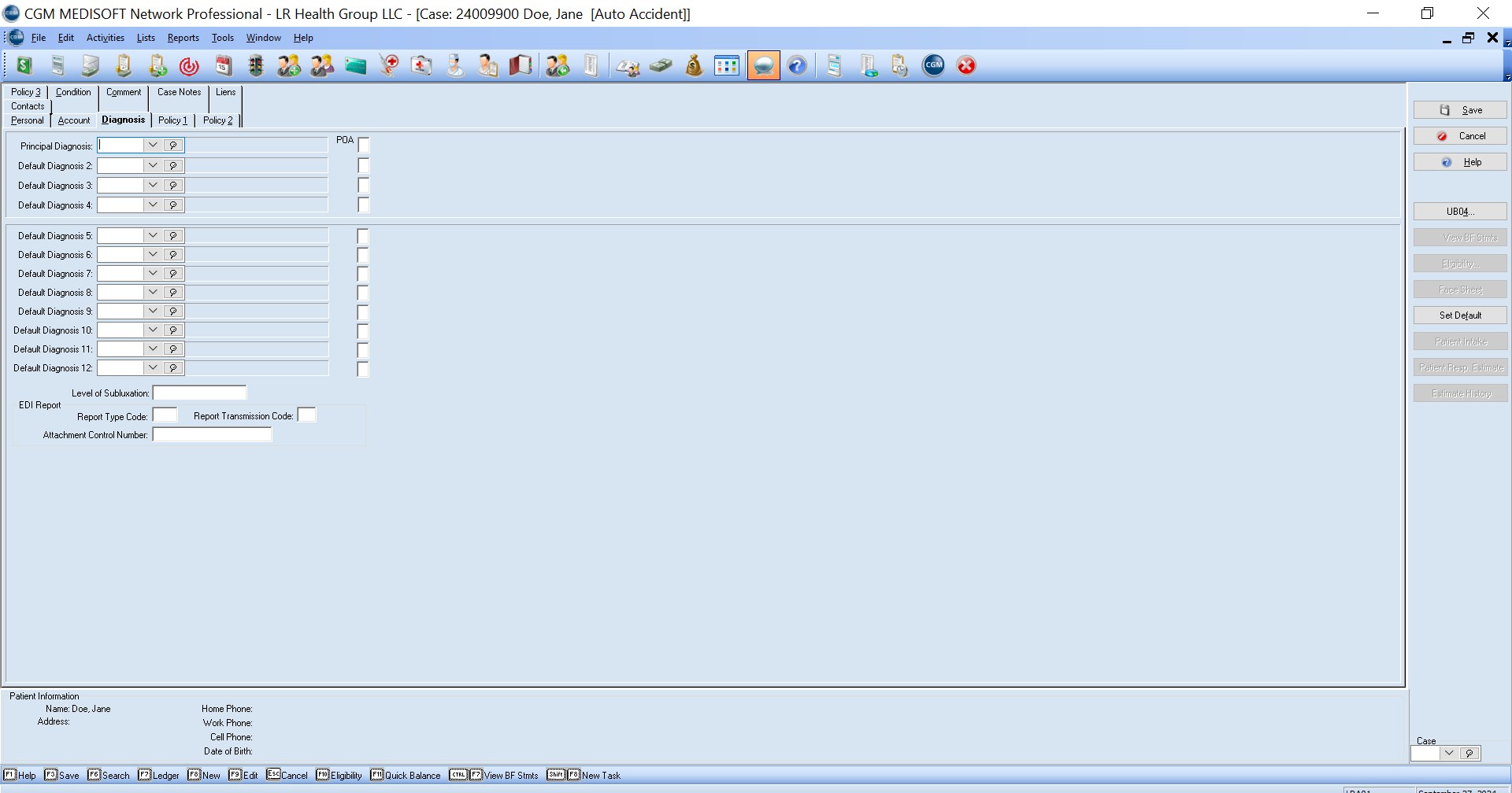 CA Manual version — diagnosis codes from Exam 1 of the Travel Card, entered before any charge posts