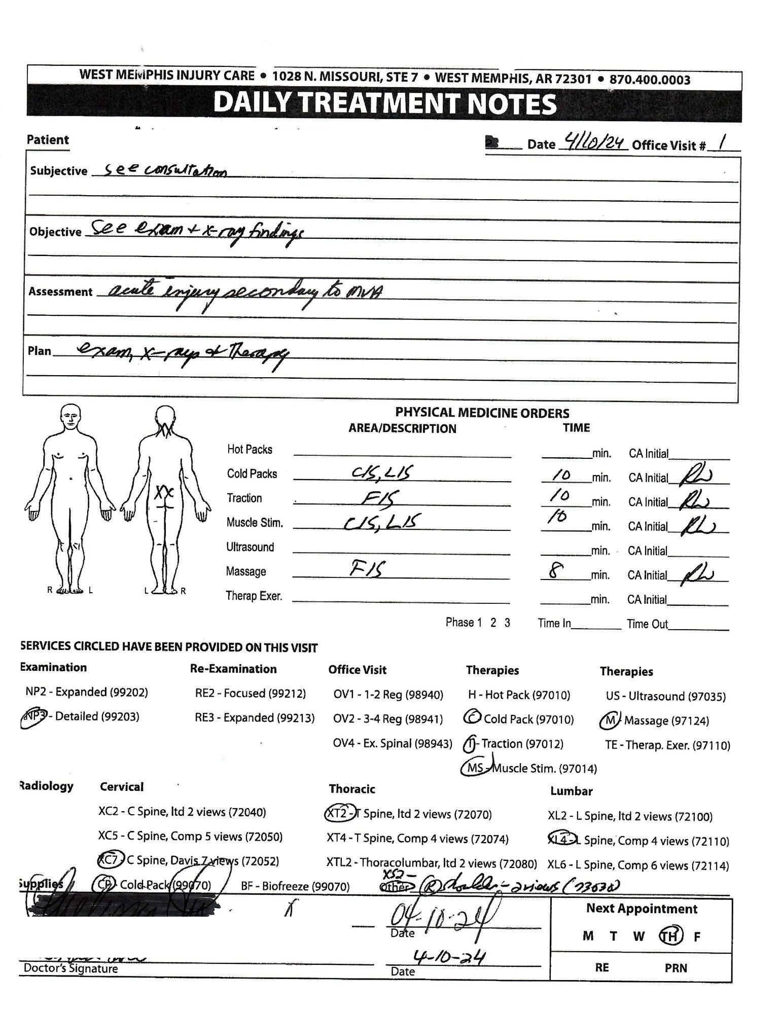 Daily Treatment Notes — therapies, times, and CA initials (redacted sample)