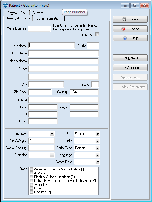 Medisoft — Patient/Guarantor: key the CPI details on the Name, Address tab, then Save