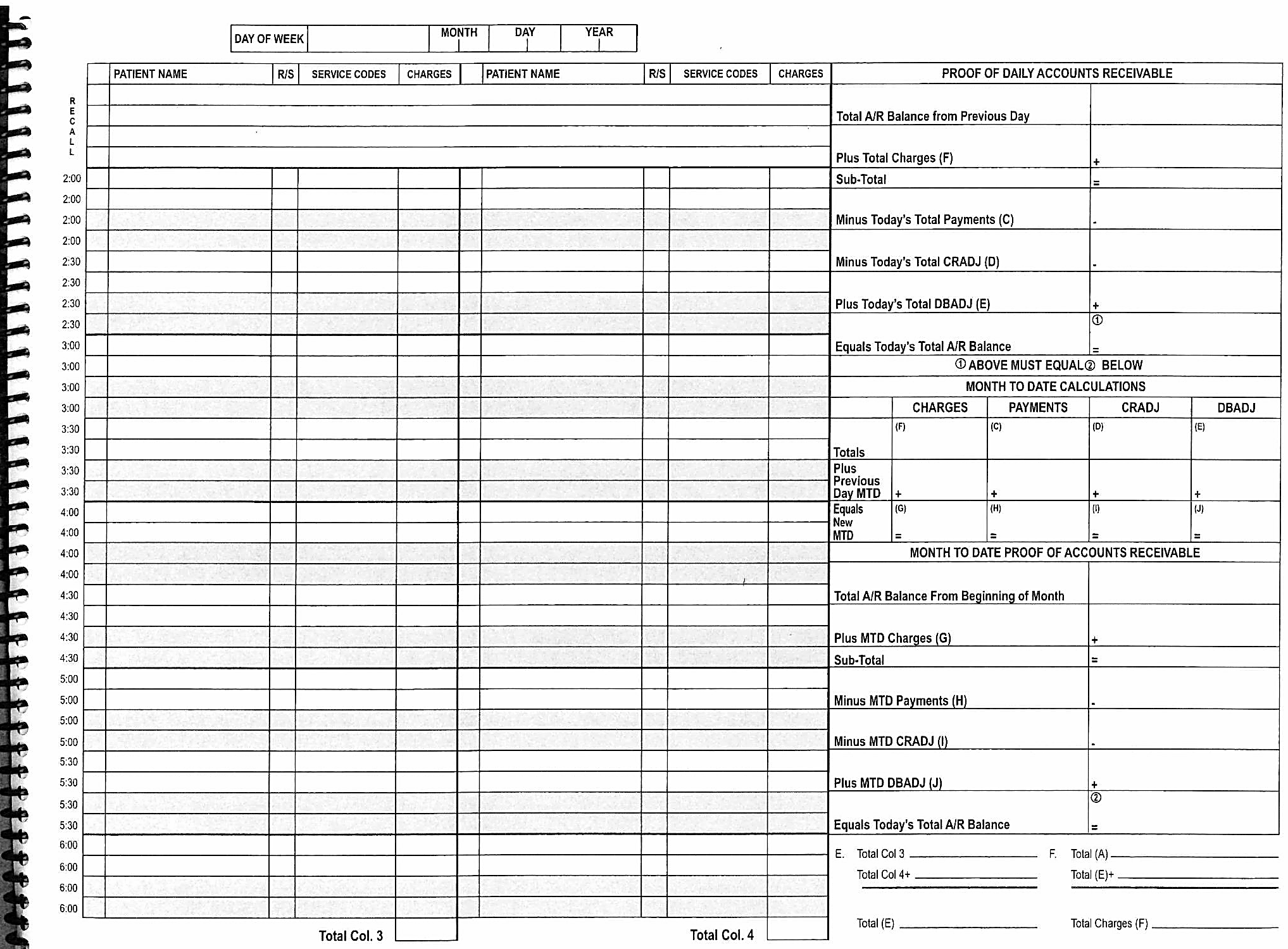Appointment Book, PM page — Total Col. 3 and Total Col. 4 add to Total (E); Total (A) + Total (E) = Total Charges (F)
