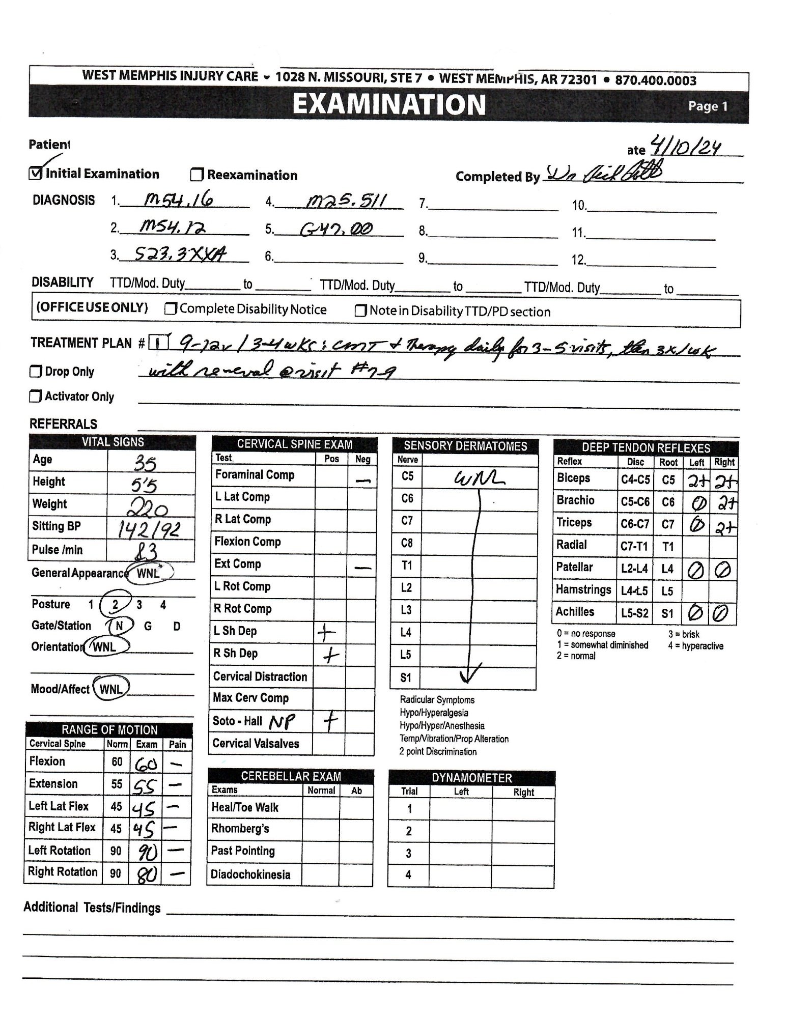 Examination form — diagnosis, treatment plan, and vitals (redacted sample)