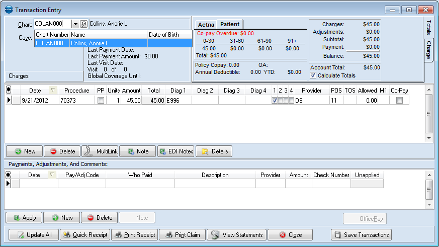 Medisoft — charge line entered; click MultiLink to post the linked code set