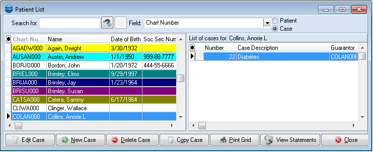 Medisoft — Patient List with the Case radio button selected: click New Case
