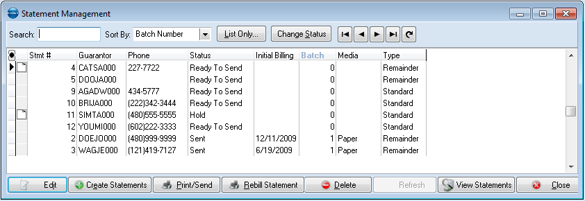 Medisoft — Statement Management (Activities > Statement Management): click Create Statements