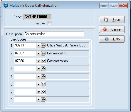 Medisoft — MultiLink Code screen: the linked procedure codes posted as one group