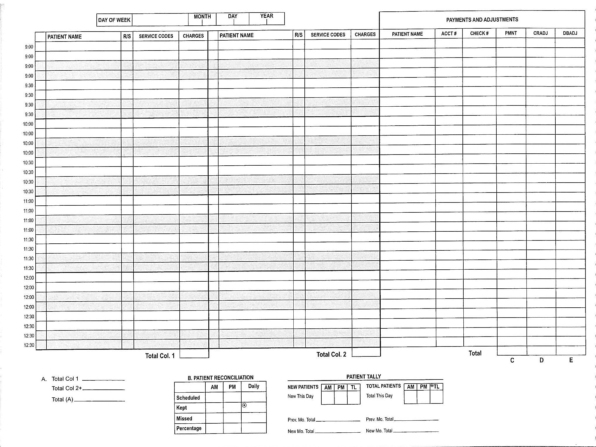 Appointment Book, AM page — service codes and charges are listed under the SERVICE CODES column beside each patient