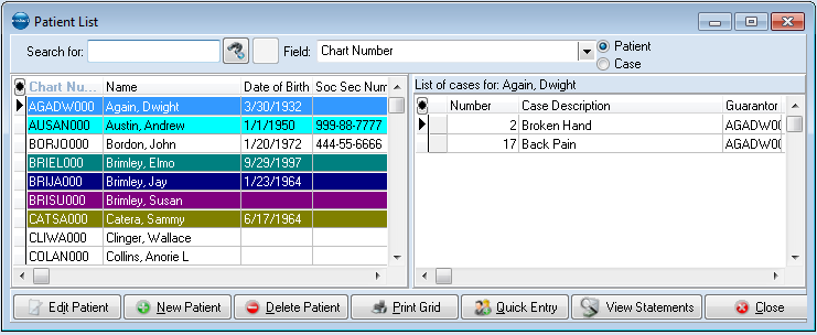 Medisoft — Patient List (Lists > Patients/Guarantors and Cases): click New Patient to start the record