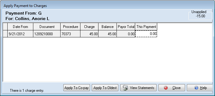 Medisoft — click Apply in the Payments, Adjustments and Comments area to apply the payment