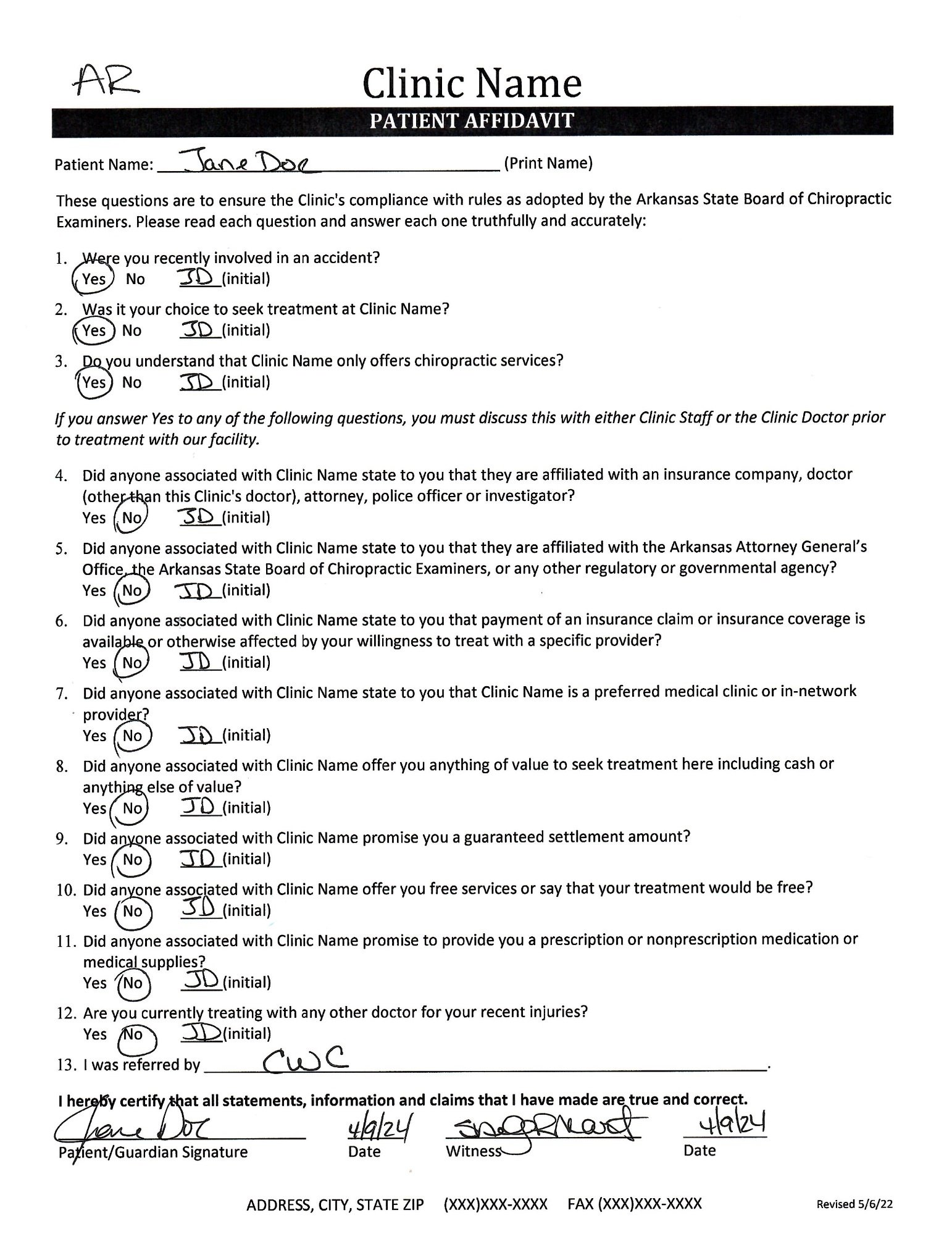Patient Affidavit — every question answered and initialed