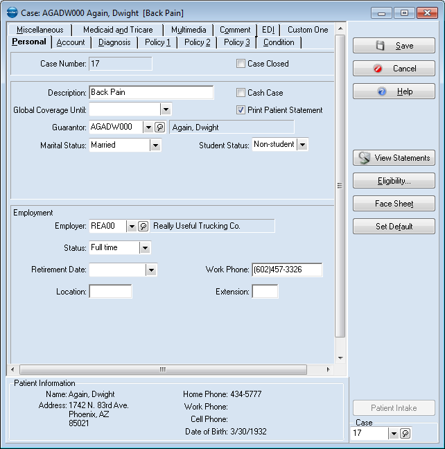 Medisoft — Case screen, Personal tab: description, guarantor, and employment