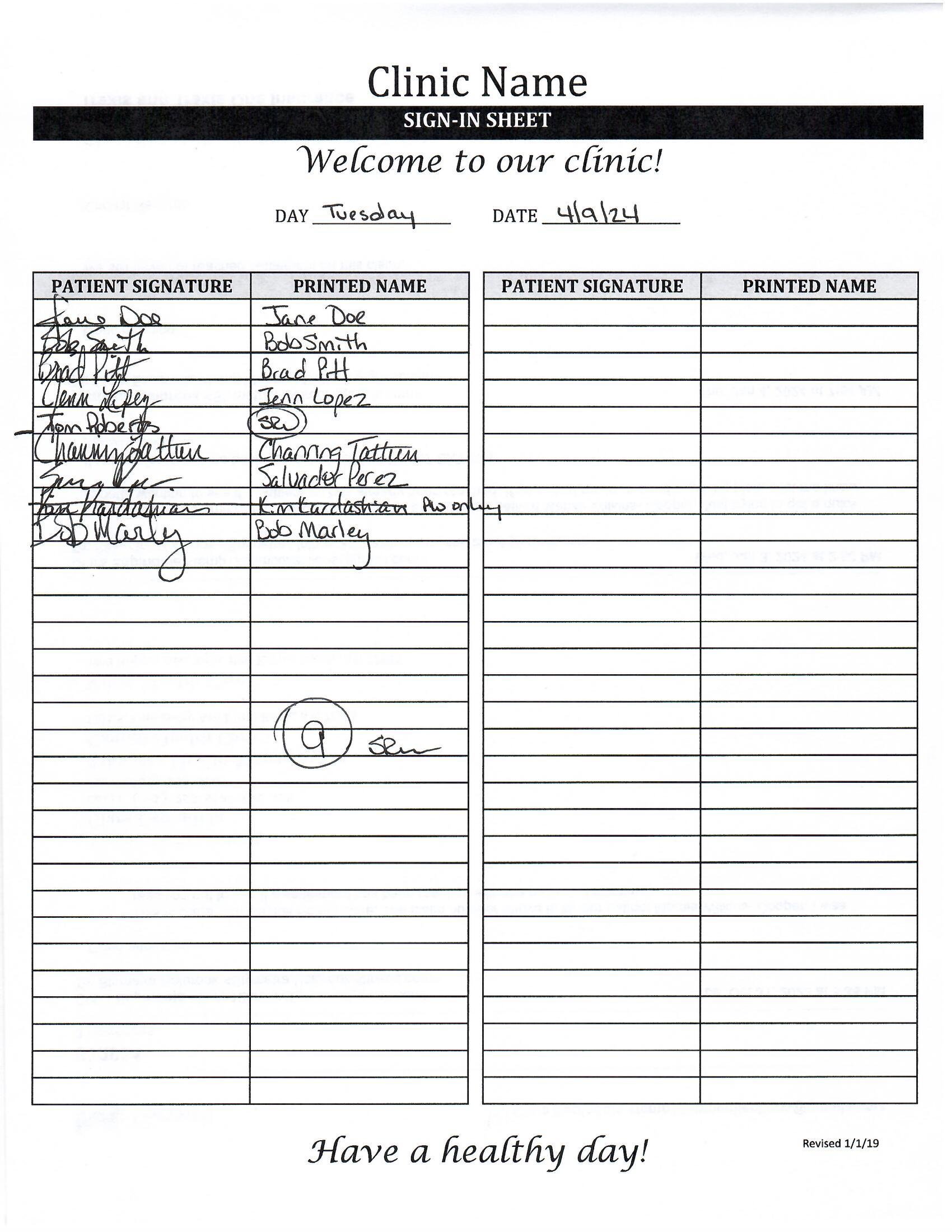 Sign-In Sheet — note “PW only” beside the printed name