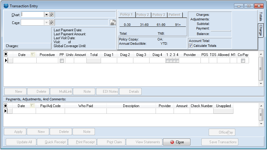 Medisoft — Transaction Entry (Activities > Enter Transactions): choose Chart and Case first
